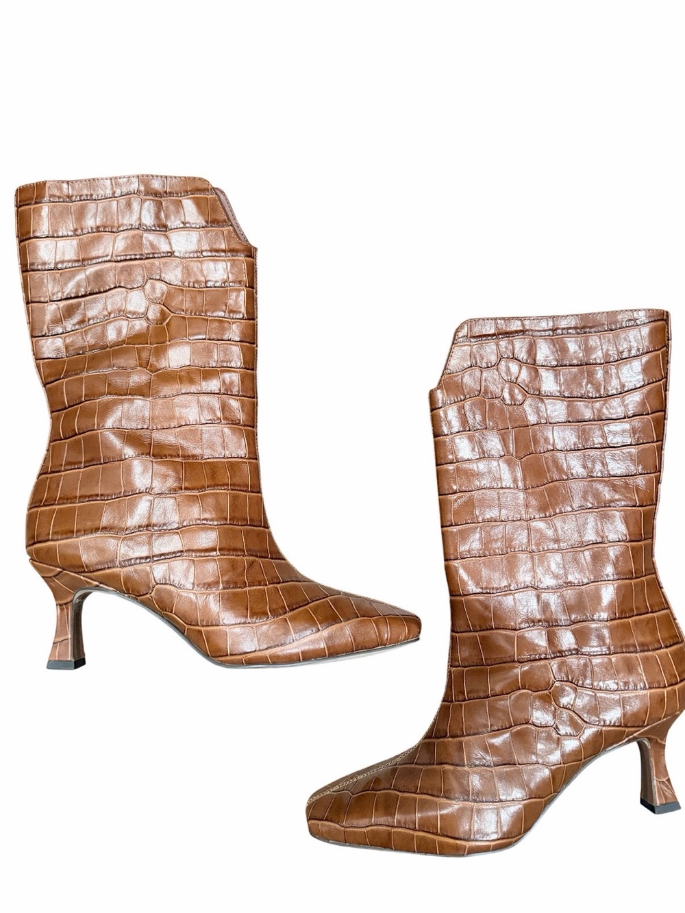 Sam Edelman Croc-Embossed Mid-Calf Kitten Heel Boots in Brown - Picture 6 of 9